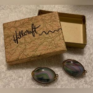 #J961 - VTG HILLCRAFT, Clip-On Oval Multi-Color Swirled Glass & Gold Earrings
